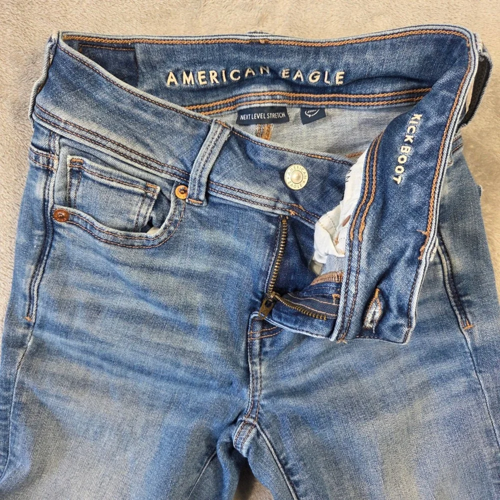American Eagle Kick Boot Jeans Womens 000 Short Blue Next Level Stretch Casual - Picture 5 of 7